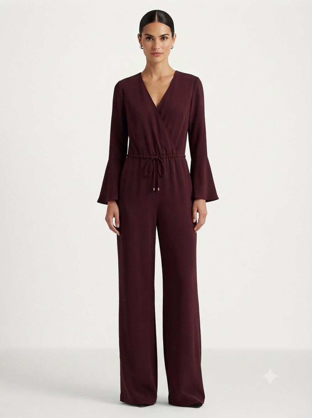 Lauren Ralph Lauren Jumpsuit Women's 4 Burgundy Long Sleeve Wide Leg Drawstring